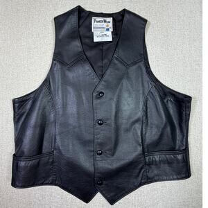 Pioneer Wear Mens Black 46 Leather Vintage Biker Cowboy Button Up Western Vest